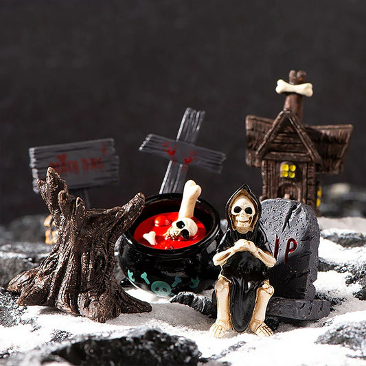 Halloween Resin Ghost Skull Tombstone Miniature Figurines DollhouHalloween Miniature Resin Figurines – Ghost, Skull & Tombstone Decorse Accessories Halloween Home Table Flower Pot Decor